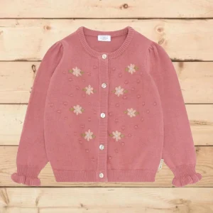 Cardigan in maglia con ricami rosa fiori rosa chiaro