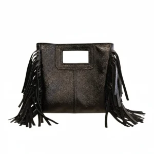 Borsa mini con frange laminato nero